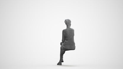 3D scanned woman sitting casual, photorealistic archviz people for Enscape and SketchUp, wireframe front view