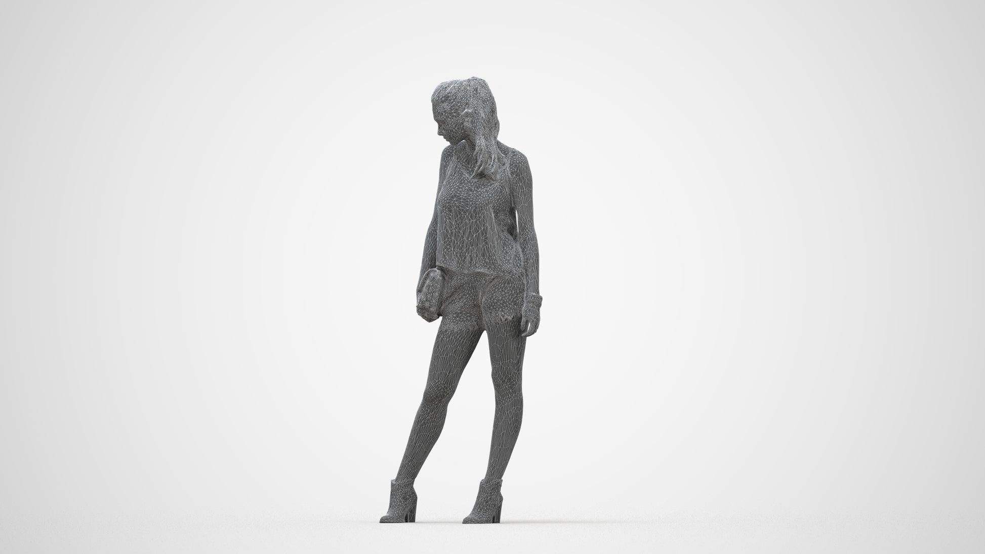 3D people model girl casual standing, scanned human for 3ds Max rendering, wireframe back view