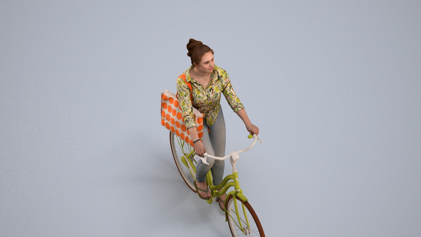 realistic 3D people woman casual cycling, render-ready for V-Ray and Corona, FBX OBJ, back view render
