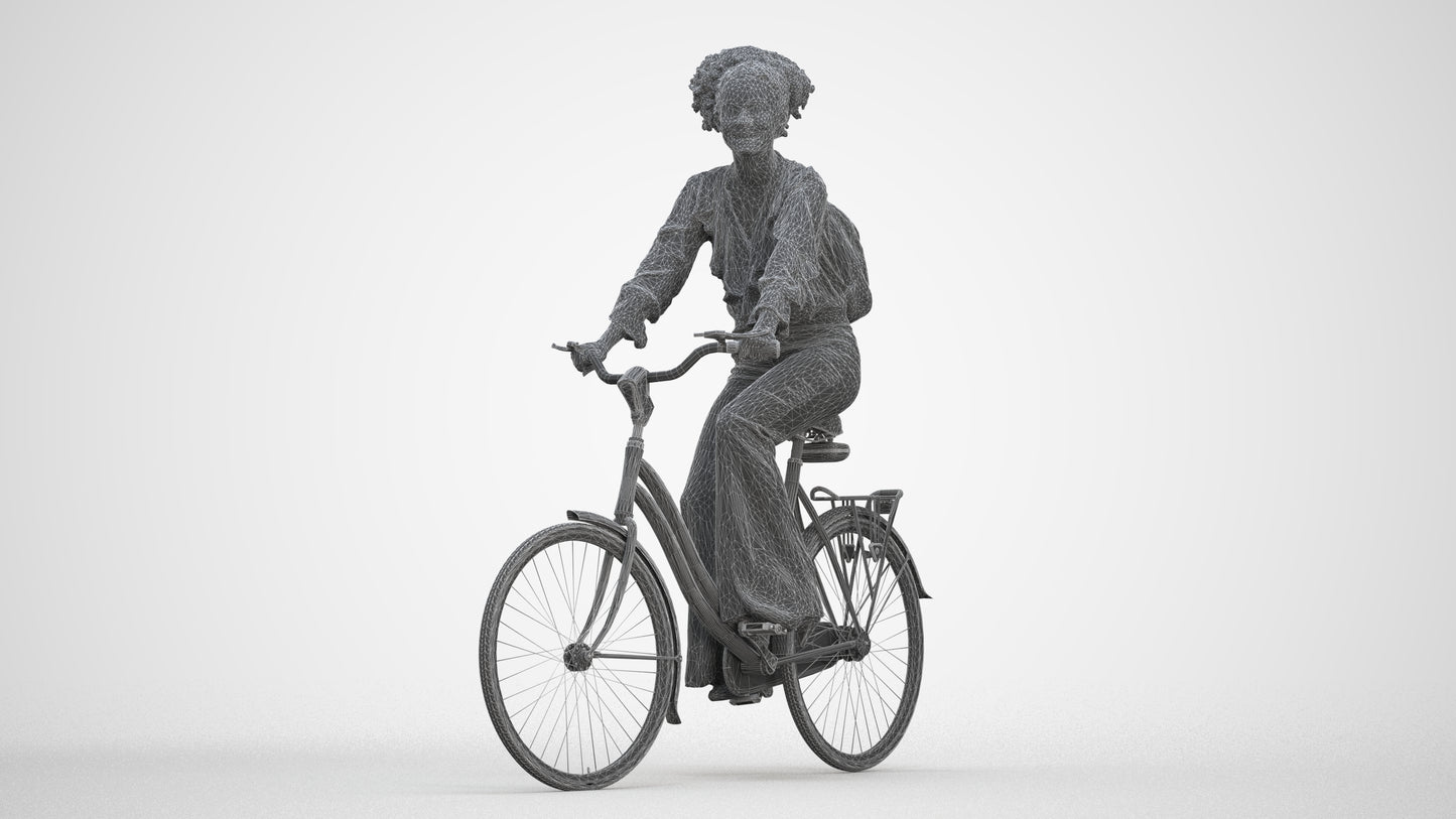 photogrammetry 3D woman casual cycling, realistic human model archviz FBX, three-quarter front view render