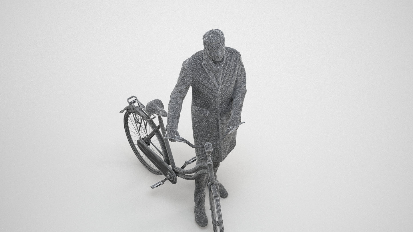 photogrammetry 3D man cycling, realistic human model archviz FBX, wireframe three-quarter view