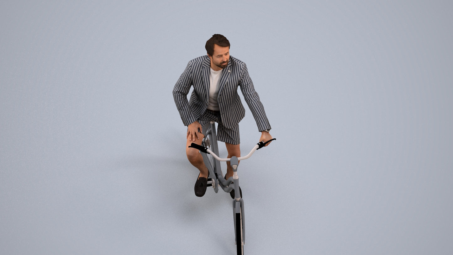 3D scanned man cycling business, photorealistic archviz people for Enscape and SketchUp, back view render