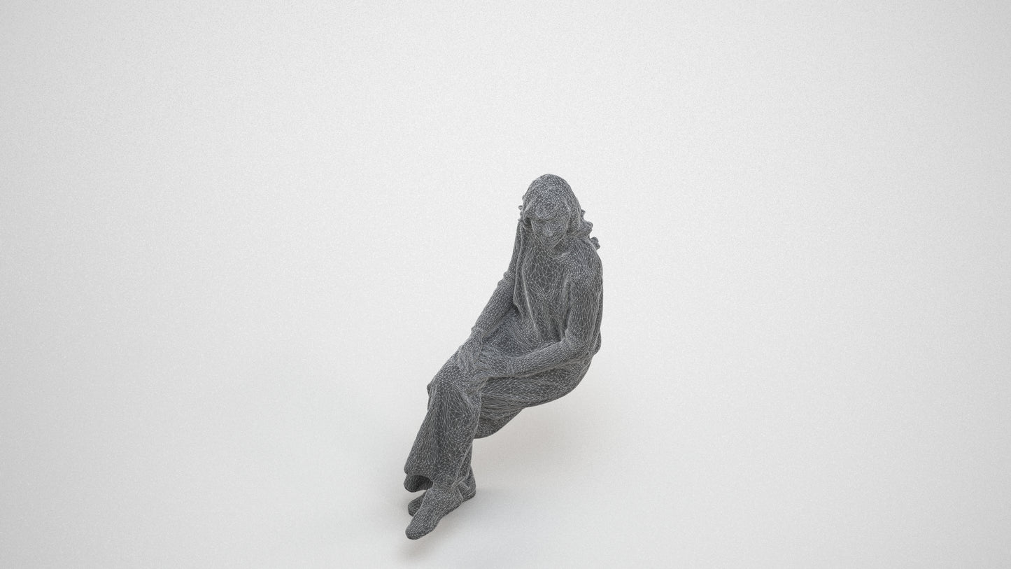3D human model woman casual sitting, photogrammetry scanned person for archviz, wireframe three-quarter view