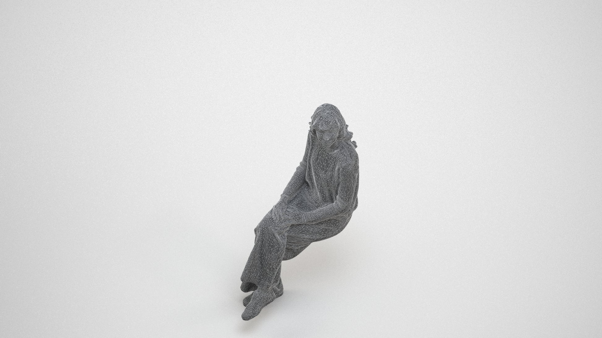3D human model woman casual sitting, photogrammetry scanned person for archviz, wireframe three-quarter view
