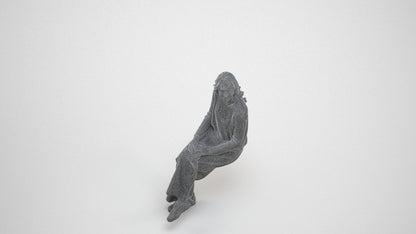 3D human model woman casual sitting, photogrammetry scanned person for archviz, wireframe three-quarter view