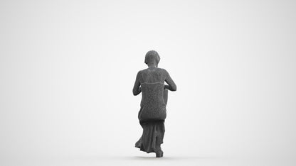 3D human model senior woman sitting, photogrammetry scanned person for archviz, wireframe front view