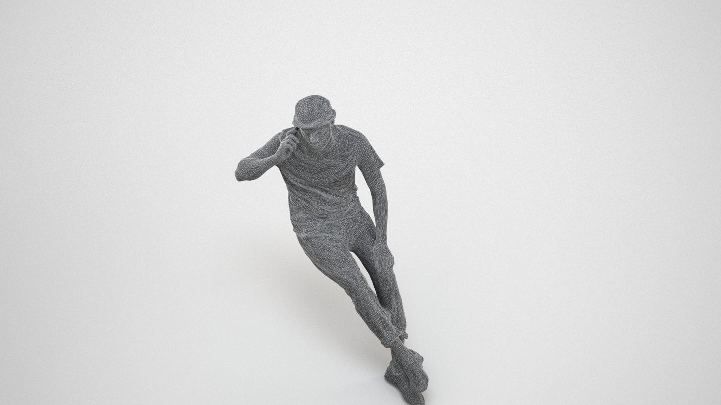 photogrammetry 3D man casual sitting, realistic human model archviz FBX, wireframe three-quarter view