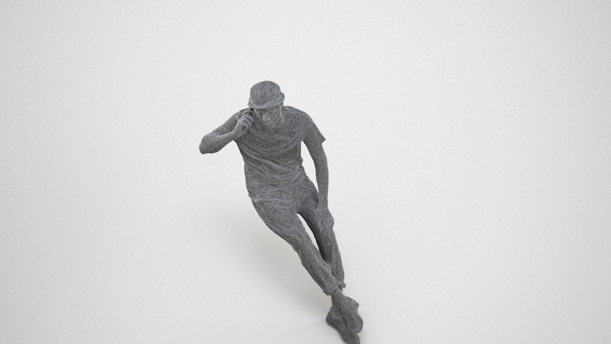 photogrammetry 3D man casual sitting, realistic human model archviz FBX, wireframe three-quarter view