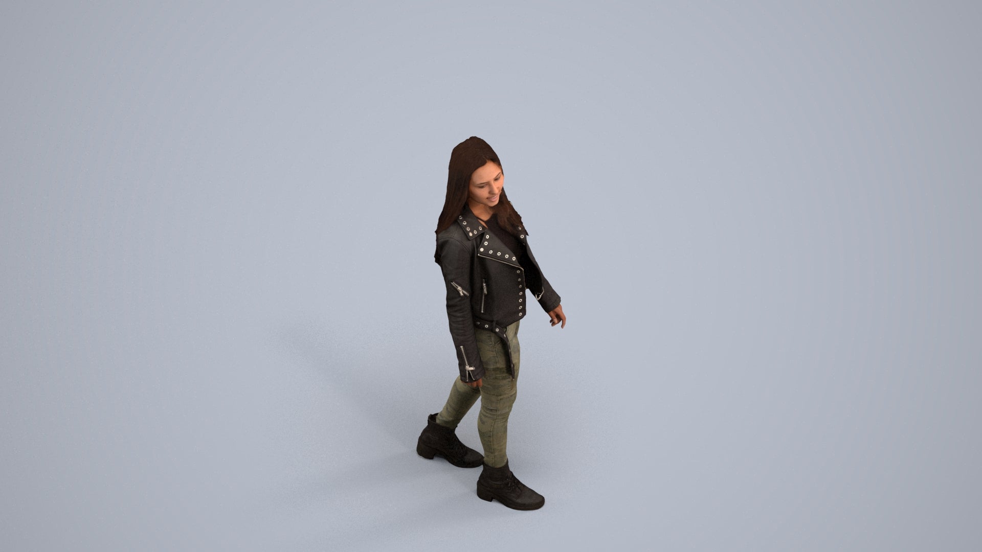 realistic 3D woman casual walking, scanned archviz people for Blender and 3ds Max, back view render