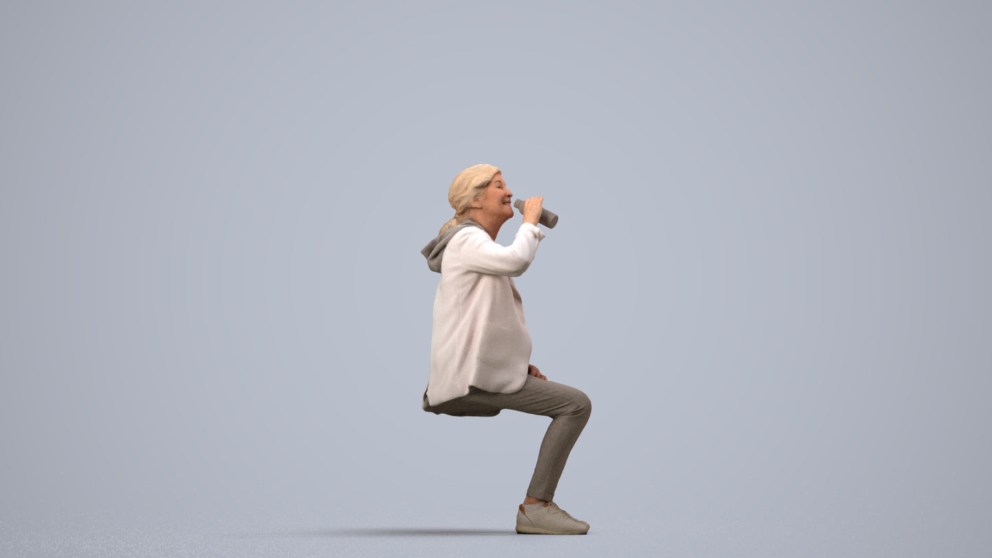 photogrammetry 3D senior girl casual sitting, realistic human model archviz FBX, side view render
