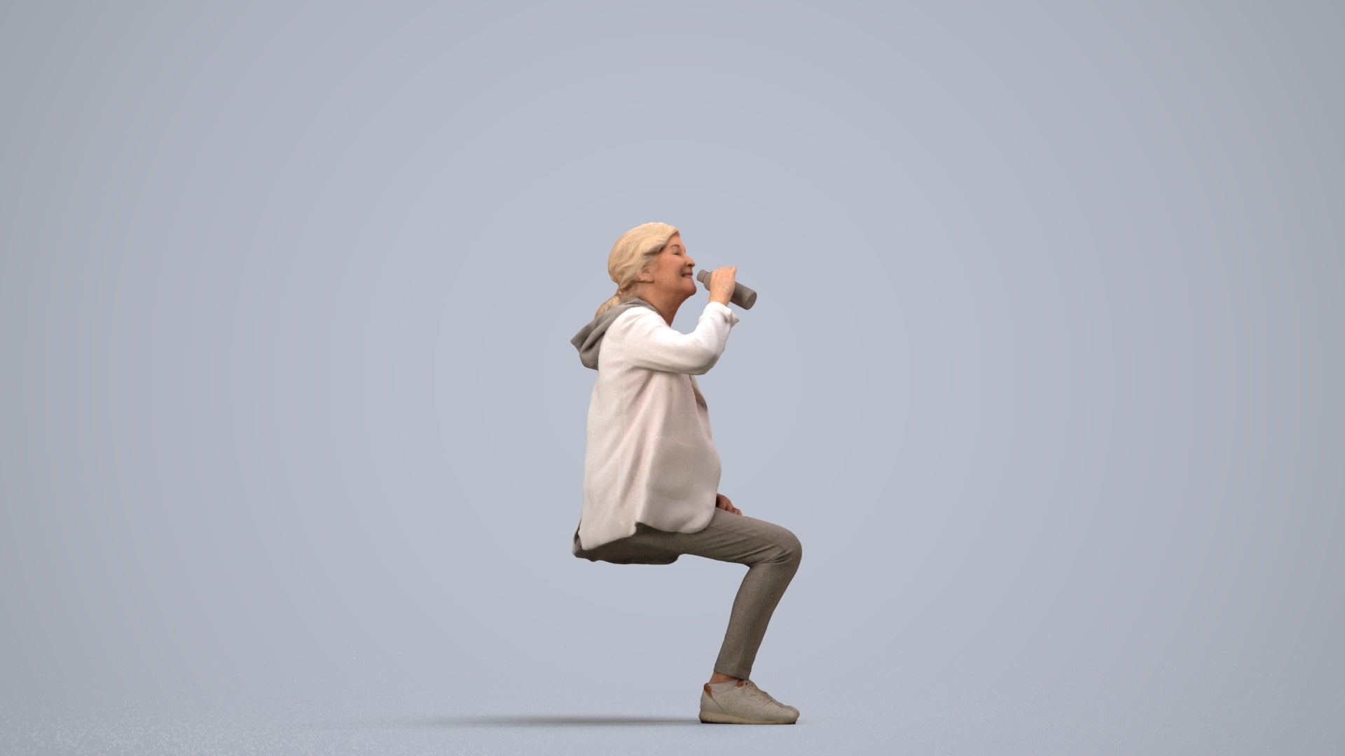 photogrammetry 3D senior girl casual sitting, realistic human model archviz FBX, side view render