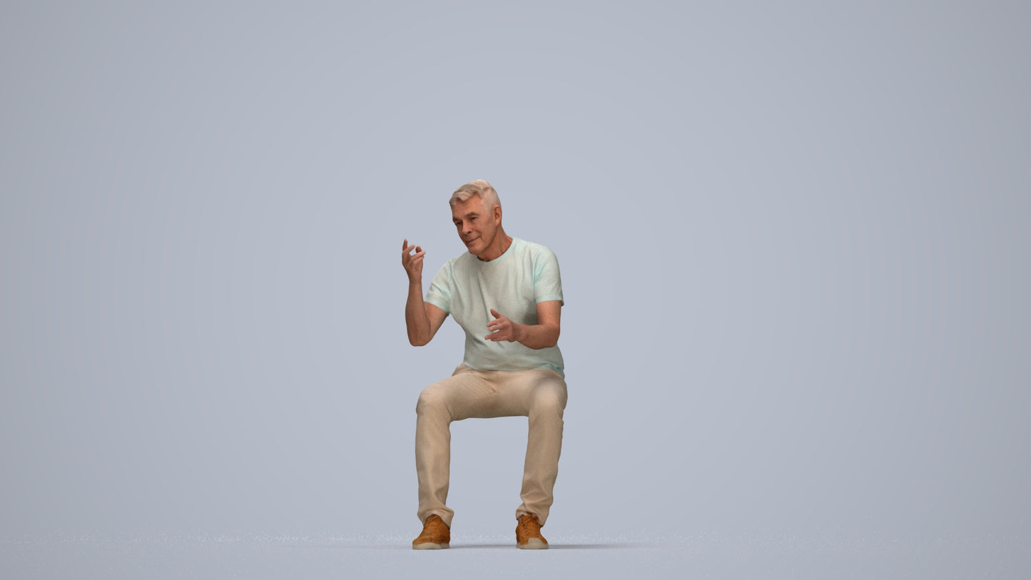 3D human model senior man casual sitting, photogrammetry scanned person for archviz, top-down view render