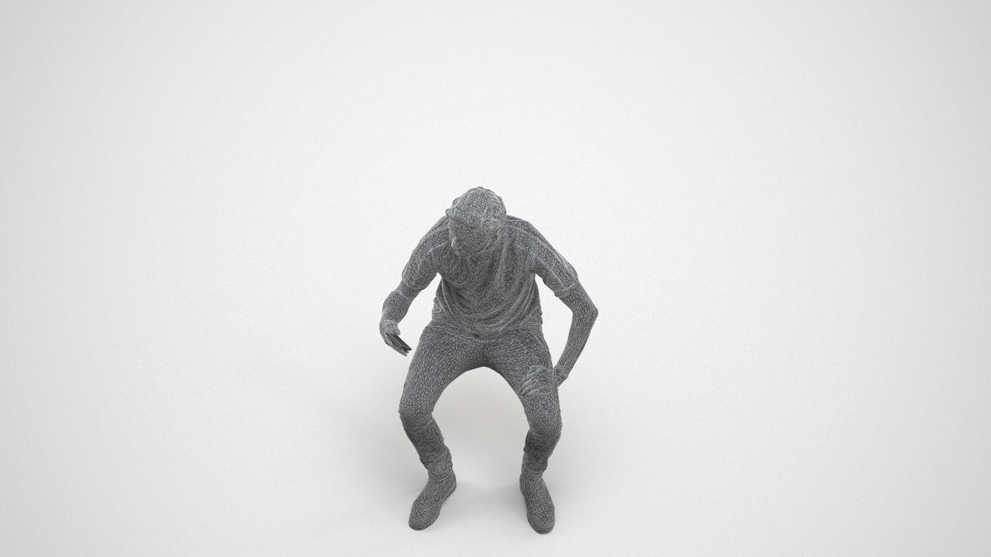 3D human model man casual sitting, photogrammetry scanned person for archviz, wireframe three-quarter view