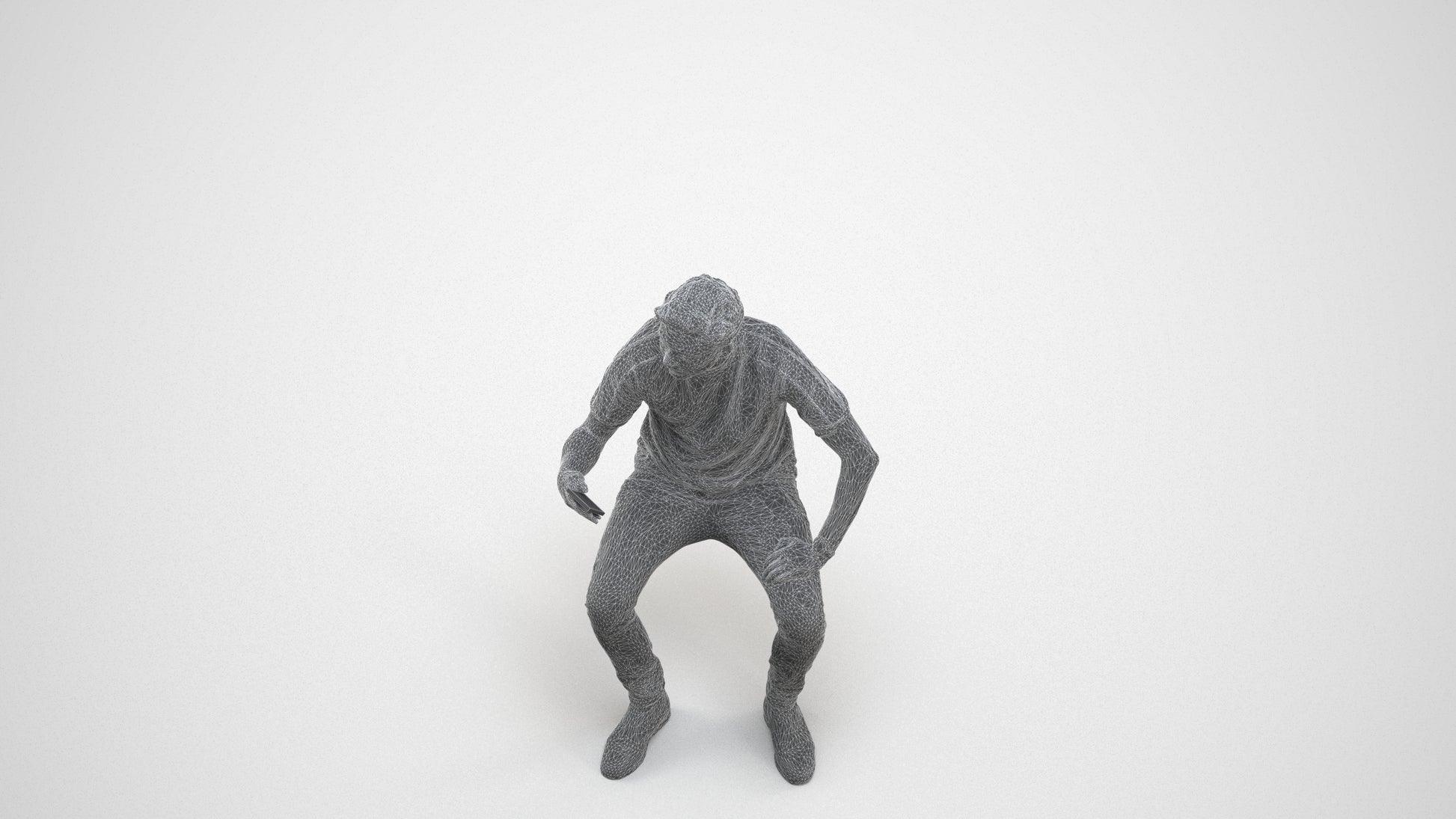 3D human model man casual sitting, photogrammetry scanned person for archviz, wireframe three-quarter view