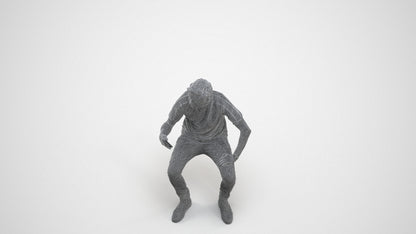 3D human model man casual sitting, photogrammetry scanned person for archviz, wireframe three-quarter view