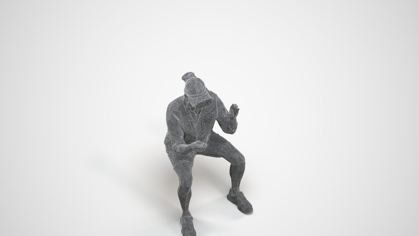 3D scanned man sitting casual, photorealistic archviz people for Enscape and SketchUp, wireframe three-quarter view
