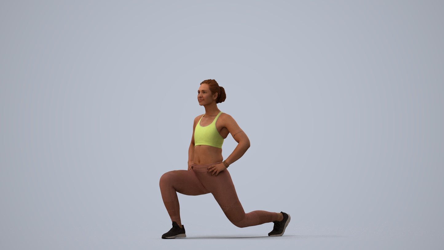 realistic 3D human woman sport, archviz people FBX OBJ for Blender, three-quarter view render