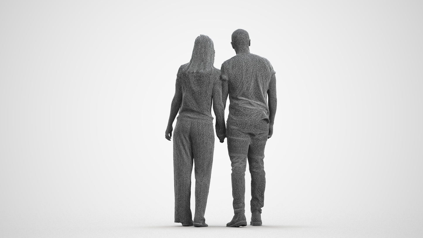 realistic 3D people woman casual couple, render-ready for V-Ray and Corona, FBX OBJ, wireframe front view