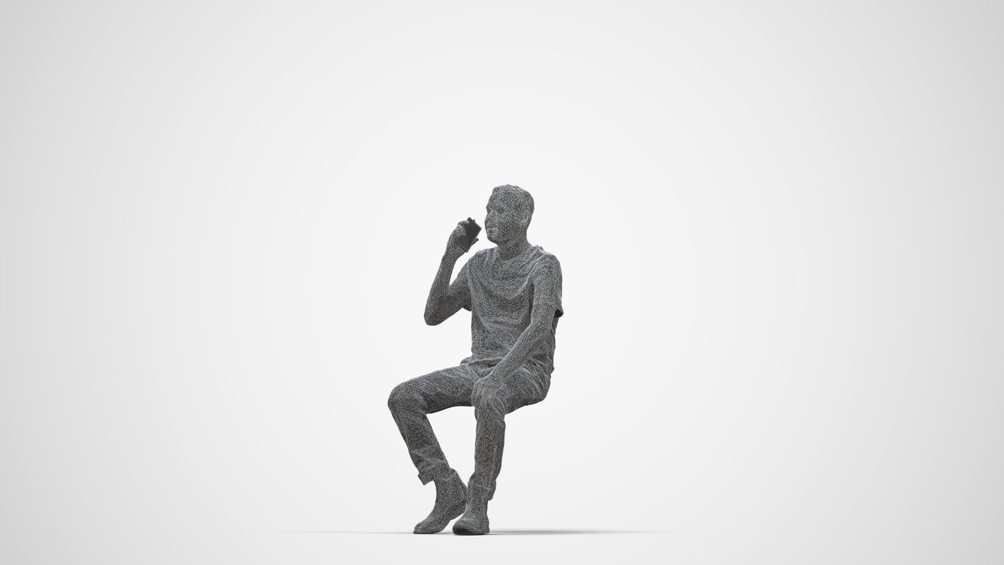 scanned 3D man casual sitting, photogrammetry people for Enscape and V-Ray, wireframe back view