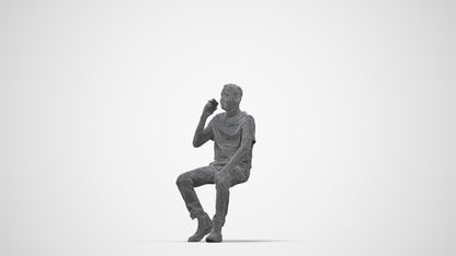 scanned 3D man casual sitting, photogrammetry people for Enscape and V-Ray, wireframe back view