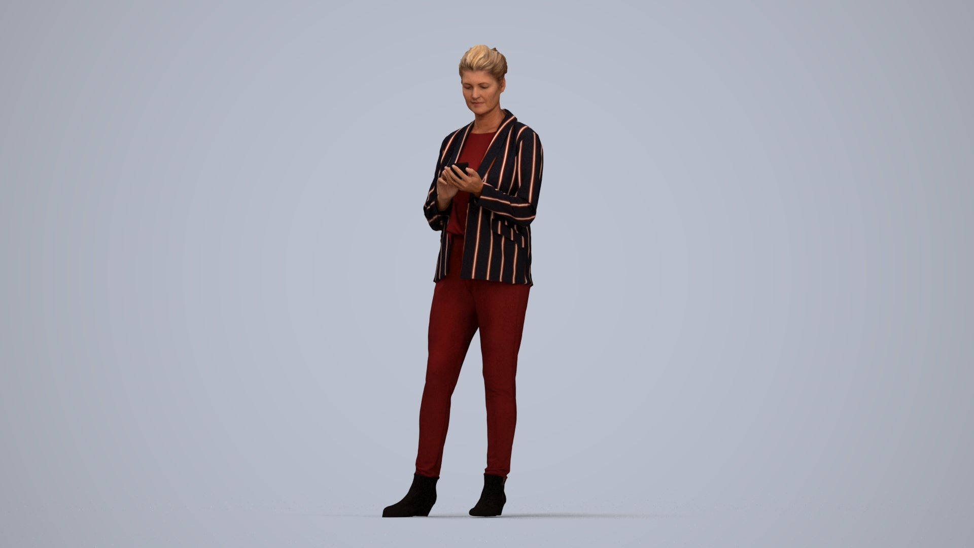 realistic 3D human woman business standing, archviz people FBX OBJ for Blender, top-down view render