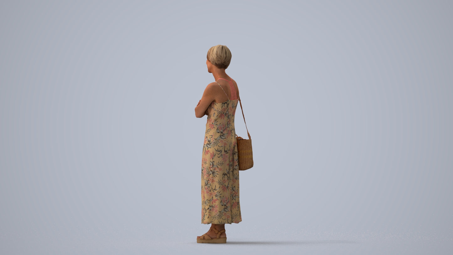 3D human model senior woman standing, photogrammetry scanned person for archviz, three-quarter view render