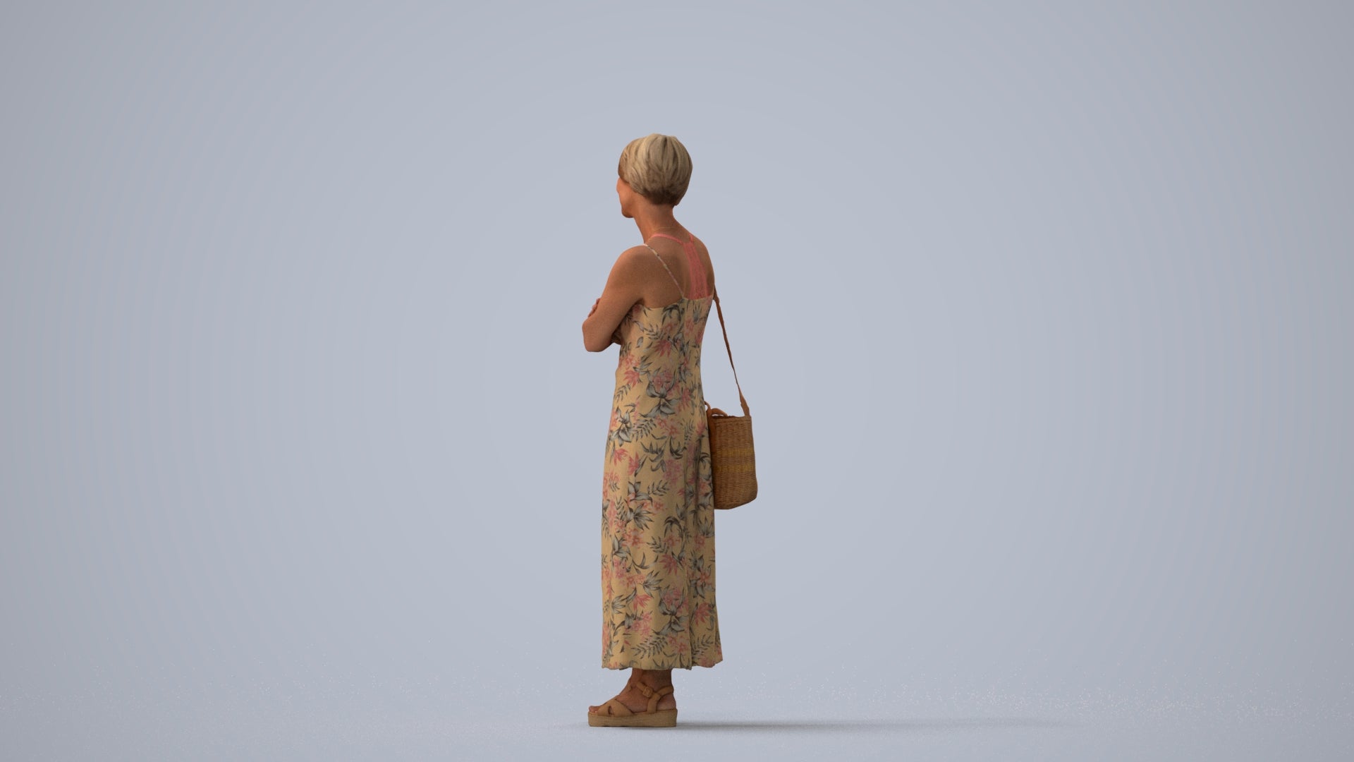 3D human model senior woman standing, photogrammetry scanned person for archviz, three-quarter view render
