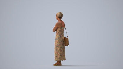 3D human model senior woman standing, photogrammetry scanned person for archviz, three-quarter view render
