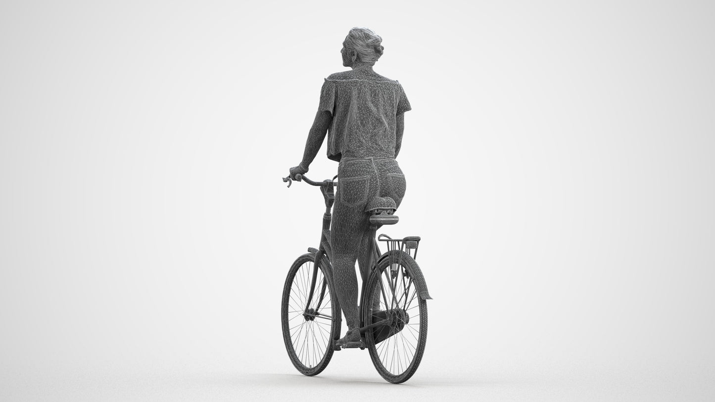 3D people model woman casual cycling, scanned human for 3ds Max rendering, wireframe front view
