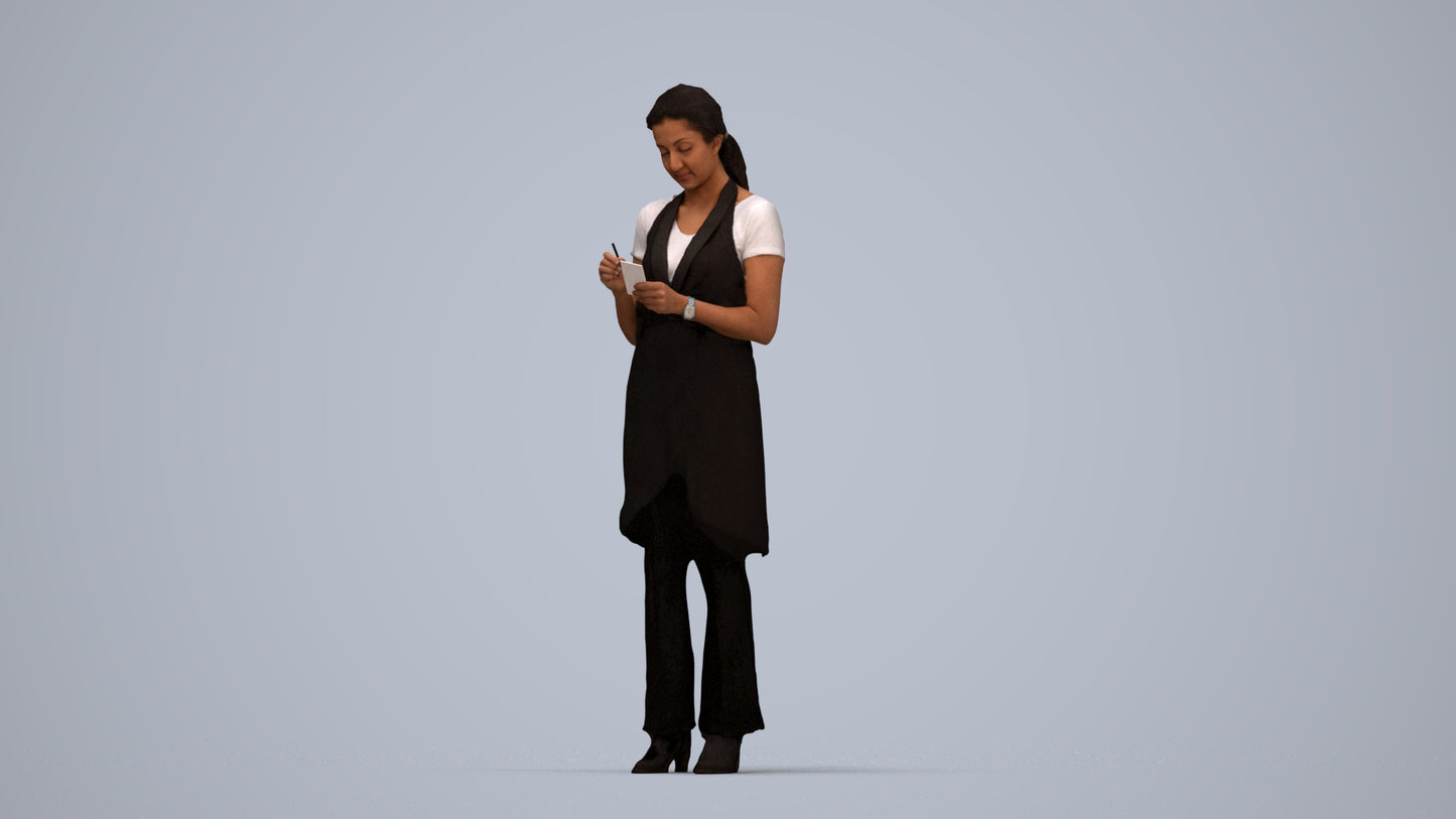 3D human model woman hospitality, photogrammetry scanned person for archviz, top-down view render