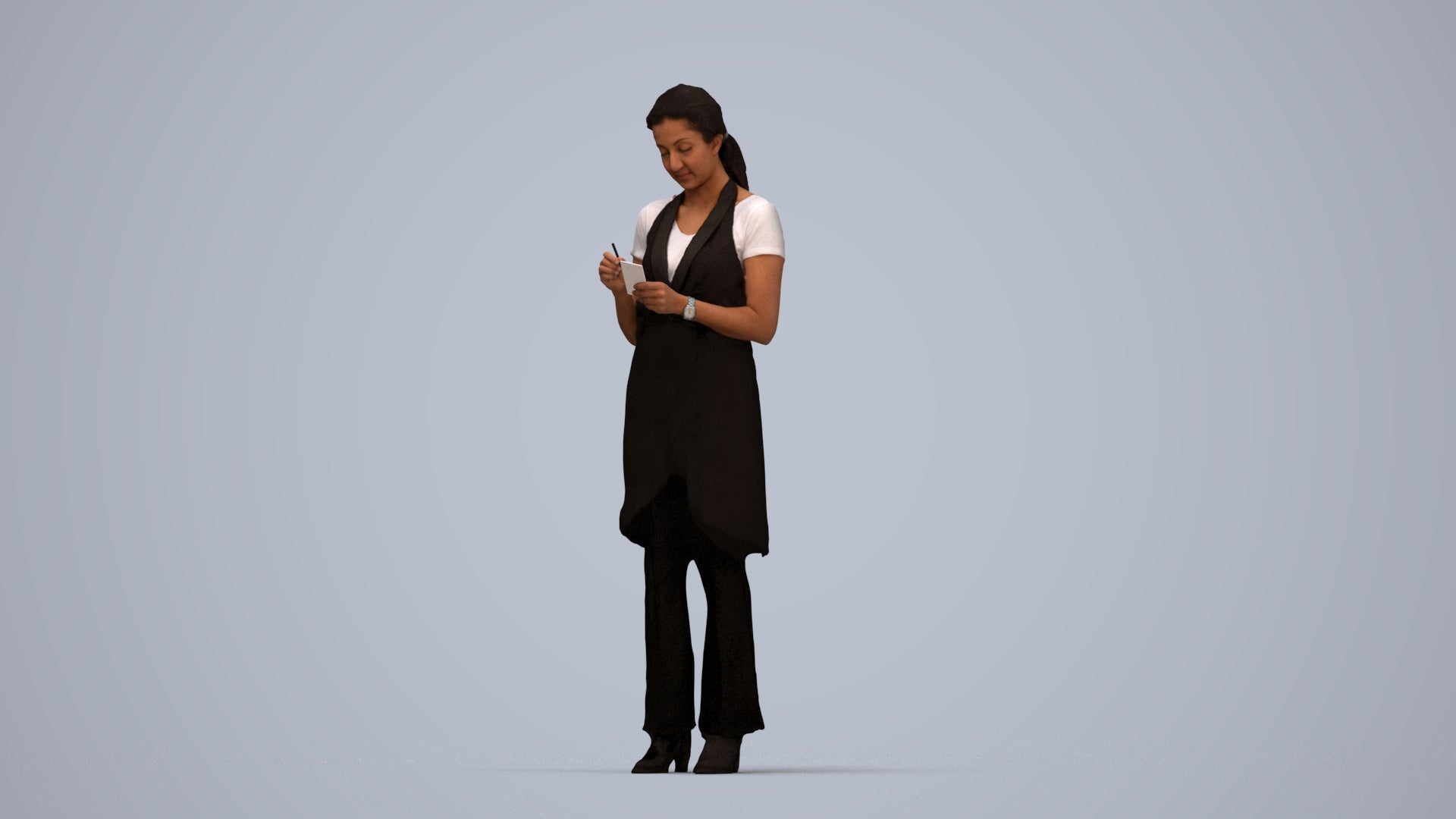 3D human model woman hospitality, photogrammetry scanned person for archviz, top-down view render
