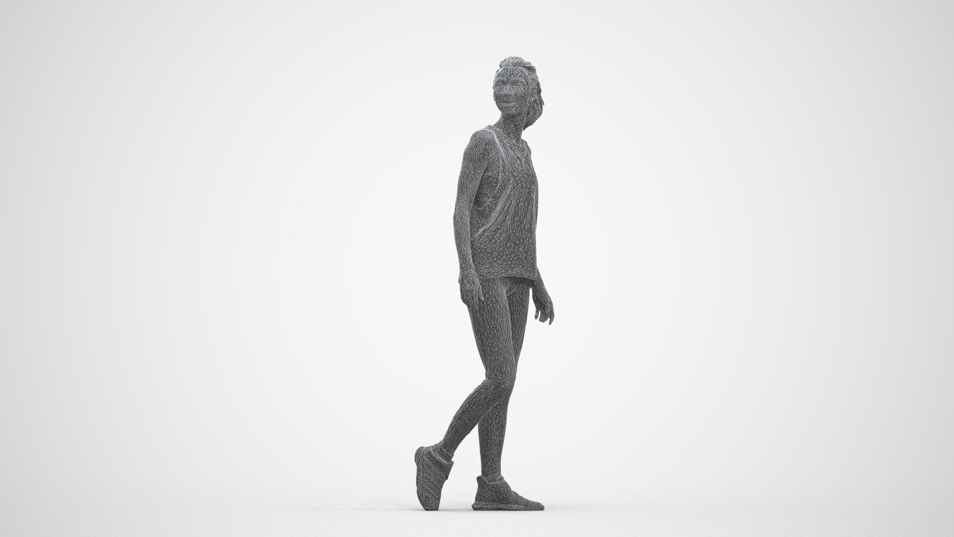 3D human model woman sport, photogrammetry scanned person for archviz, three-quarter front view render
