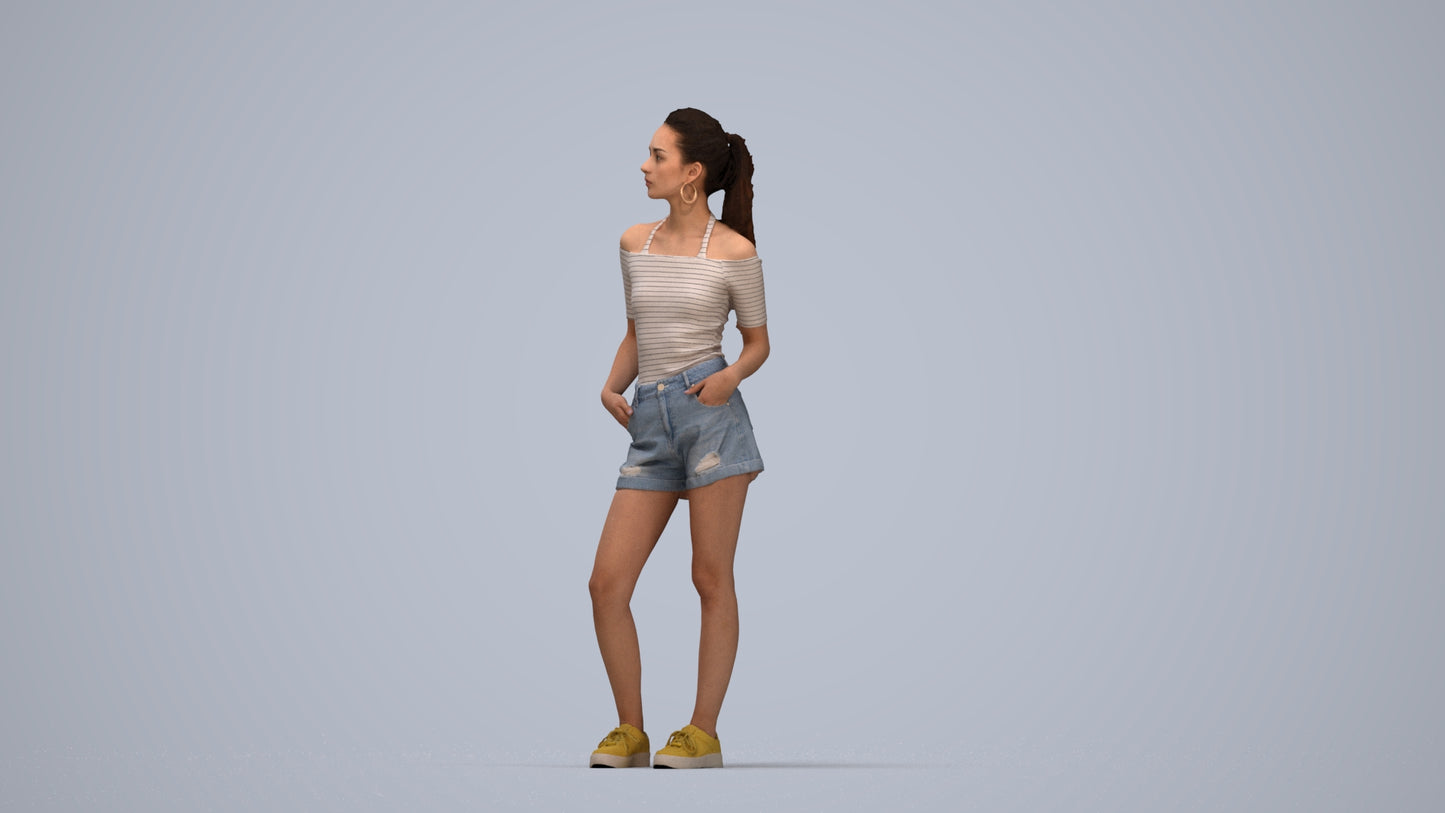 3D human model woman casual standing, photogrammetry scanned person for archviz, top-down view render