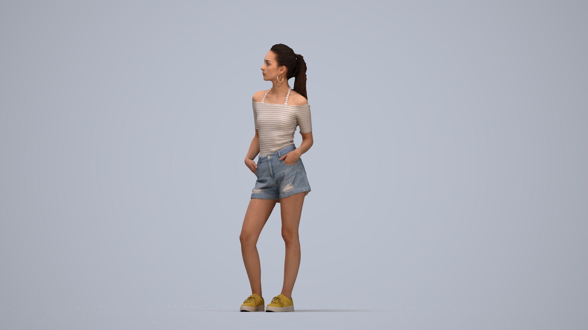 3D human model woman casual standing, photogrammetry scanned person for archviz, top-down view render