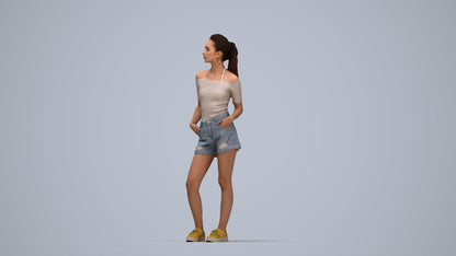 3D human model woman casual standing, photogrammetry scanned person for archviz, top-down view render