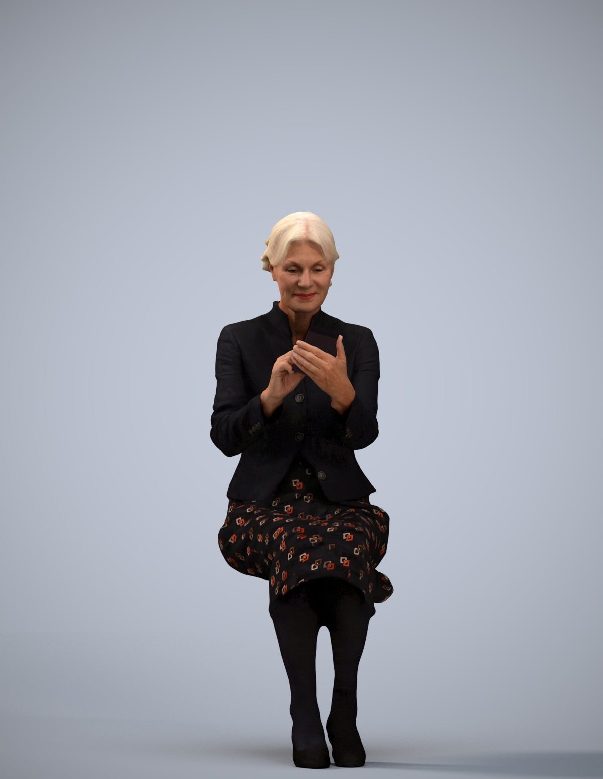 3D human model senior woman business sitting, photogrammetry scanned person for archviz