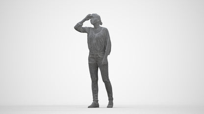 3D scanned woman standing casual, photorealistic archviz people for Enscape and SketchUp, wireframe back view