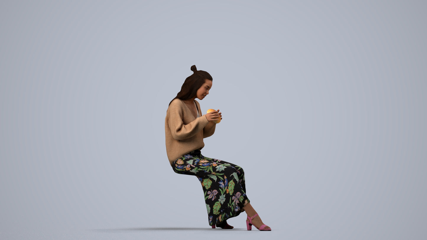 3D human model woman casual sitting, photogrammetry scanned person for archviz, side view render