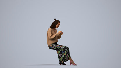 3D human model woman casual sitting, photogrammetry scanned person for archviz, side view render