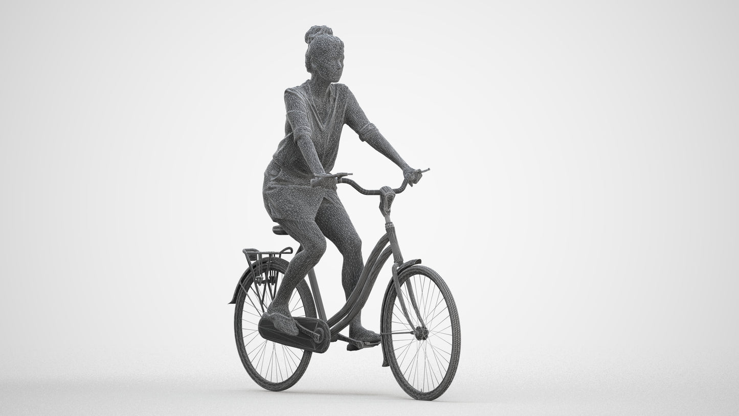 realistic 3D human woman casual cycling, archviz people FBX OBJ for Blender, three-quarter front view render