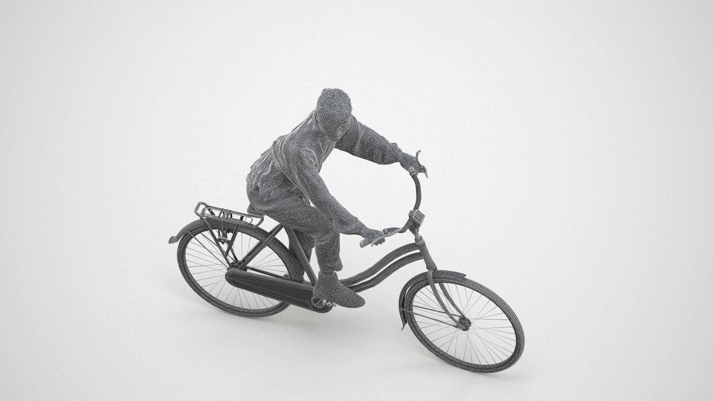 3D human model woman casual cycling, photogrammetry scanned person for archviz, wireframe three-quarter view