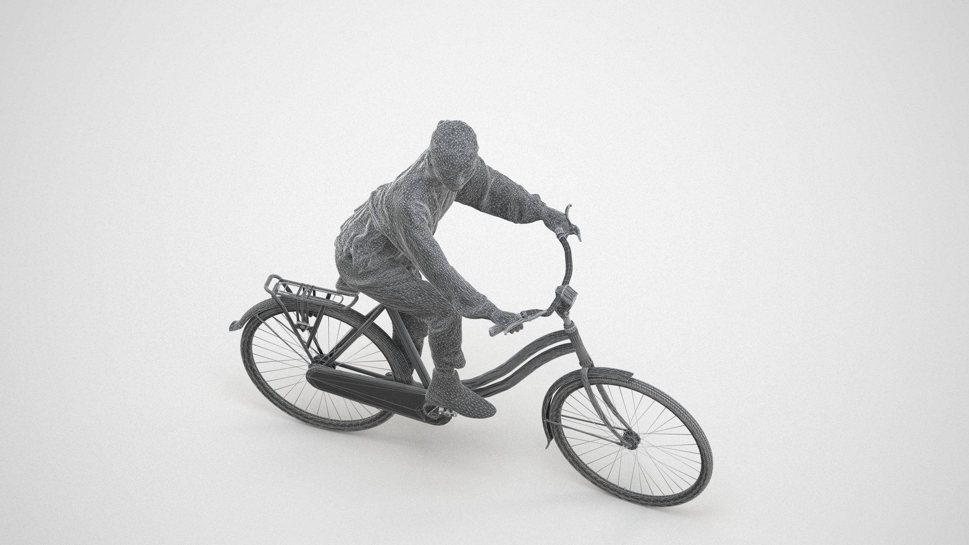 3D human model woman casual cycling, photogrammetry scanned person for archviz, wireframe three-quarter view