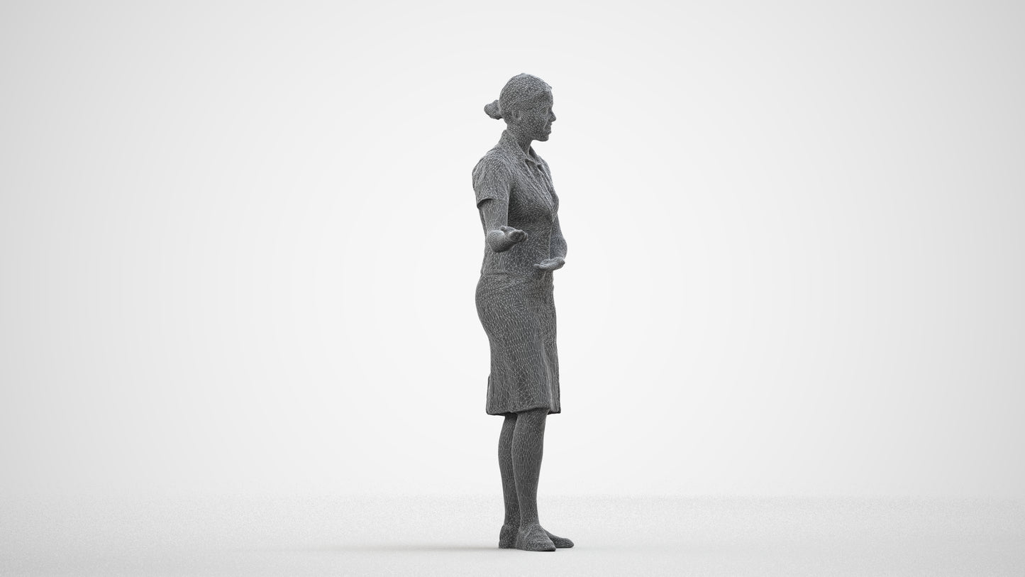 3D scanned woman hospitality, photorealistic archviz people for Enscape and SketchUp, wireframe side view