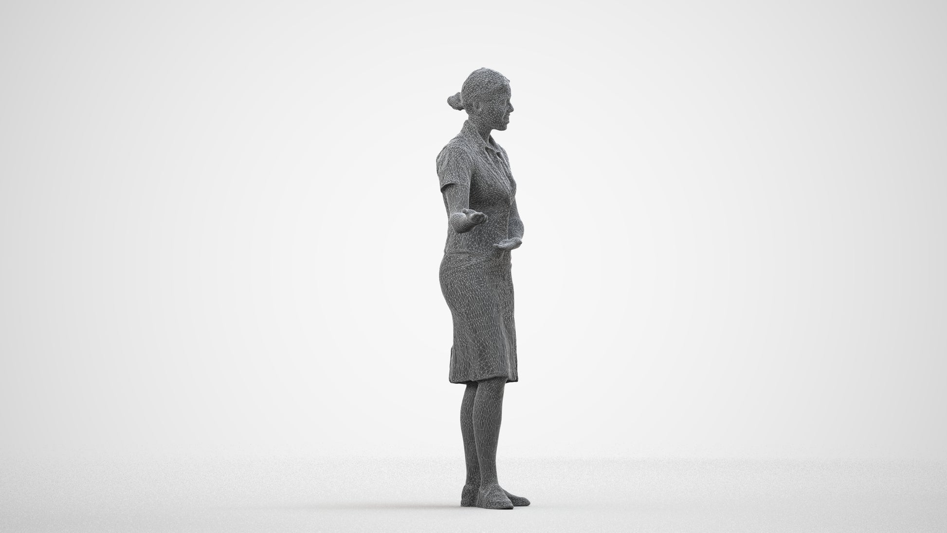 3D scanned woman hospitality, photorealistic archviz people for Enscape and SketchUp, wireframe side view