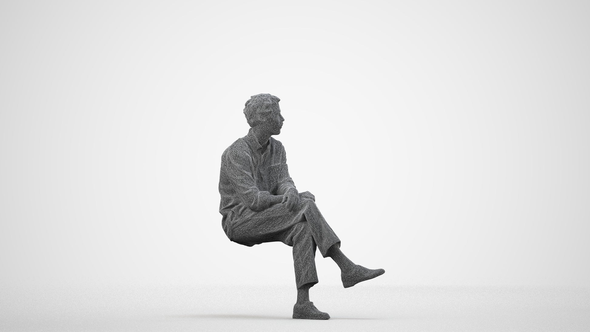 3D scanned man sitting casual, photorealistic archviz people for Enscape and SketchUp, wireframe side view