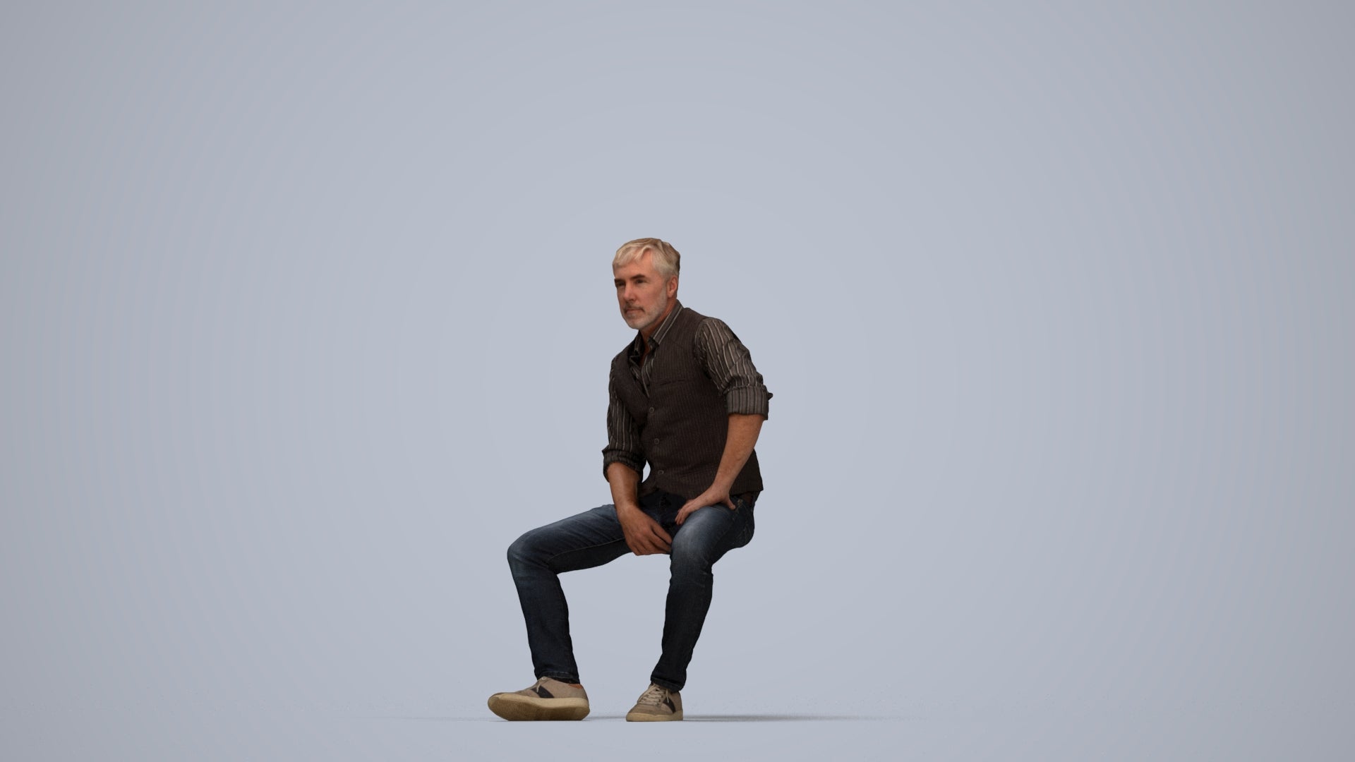 scanned 3D man casual sitting, photogrammetry people for Enscape and V-Ray, top-down view render