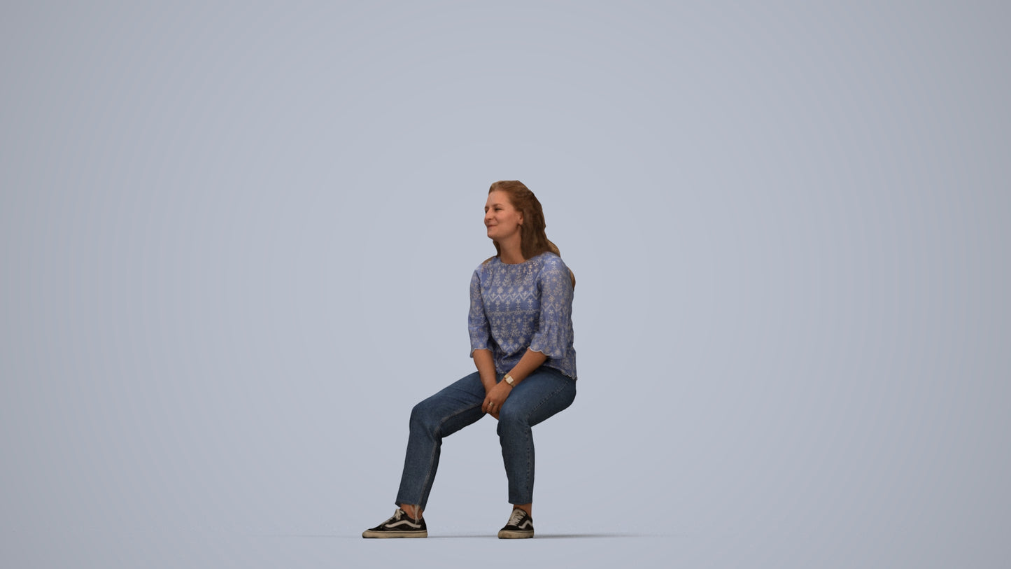 realistic 3D woman casual sitting, scanned archviz people for Blender and 3ds Max, top-down view render