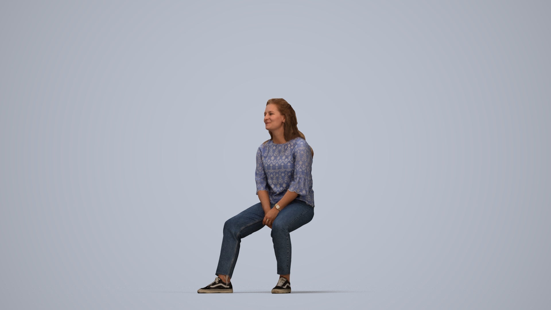 realistic 3D woman casual sitting, scanned archviz people for Blender and 3ds Max, top-down view render