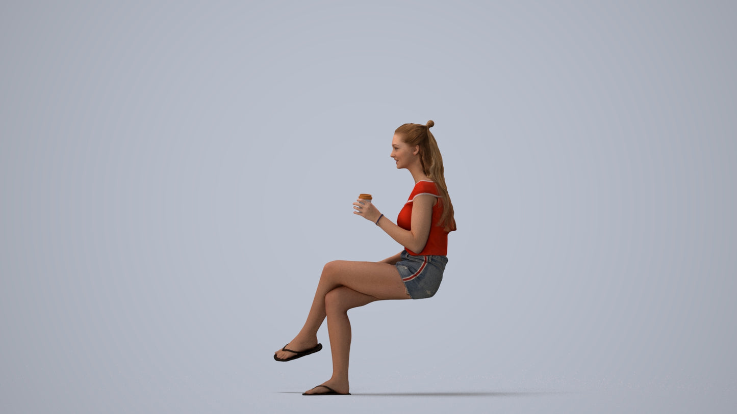 realistic 3D people girl casual sitting, render-ready for V-Ray and Corona, FBX OBJ, three-quarter view render