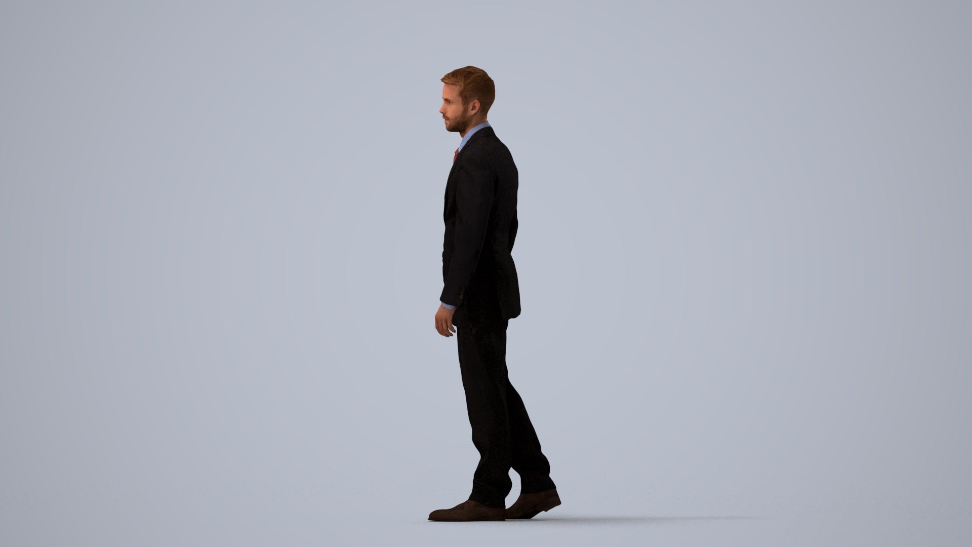 3D human model man business standing, photogrammetry scanned person for archviz, three-quarter view render